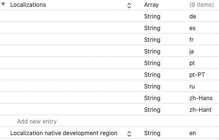 Screenshot des Info.plist-Editors, der den Abschnitt „Localizations“ (Lokalisierungen) anzeigt