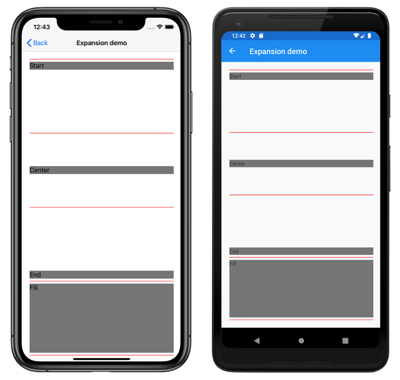 Screenshot eines StackLayout-Layouts mit Erweiterungsoptionen