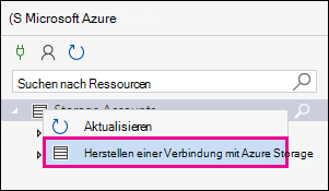 Klicken Sie mit der rechten Maustaste auf Speicherkonten, und klicken Sie dann auf Mit Azure Storage verbinden.