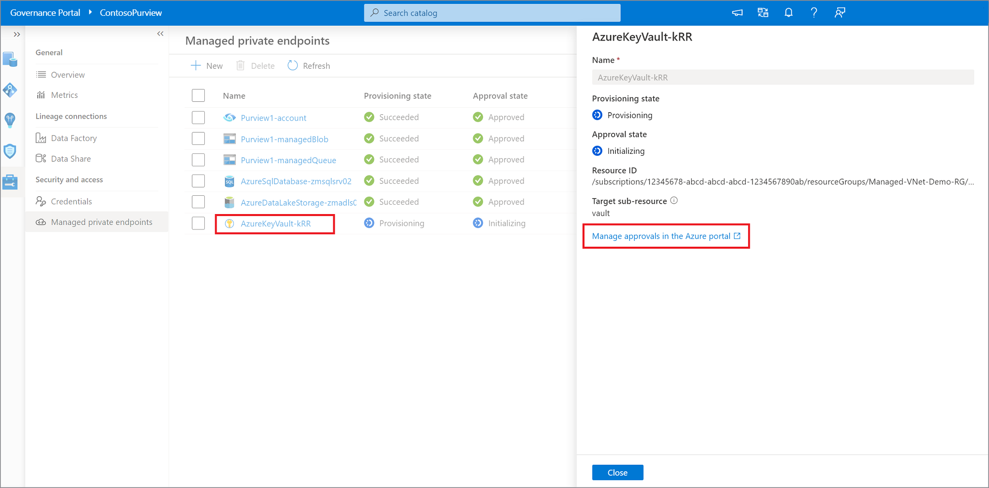 Screenshot: Genehmigen eines verwalteten privaten Endpunkts für Azure Key Vault