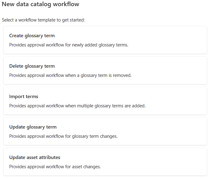 Screenshot: Data Catalog-Workflowvorlagen als Beispiel für verfügbare Vorlagen.