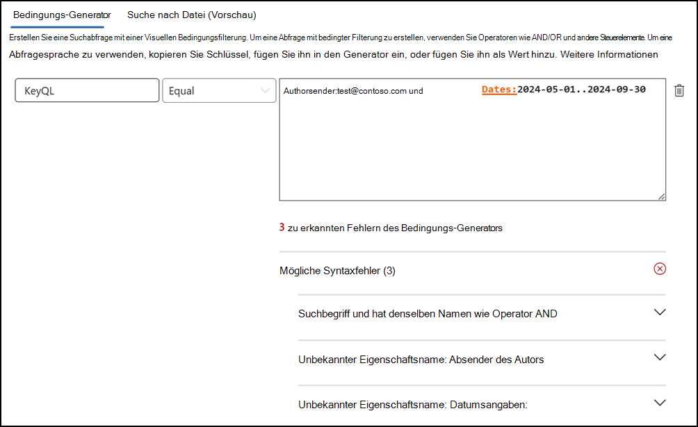 Fehlererkennung im KeyQL-Editor.