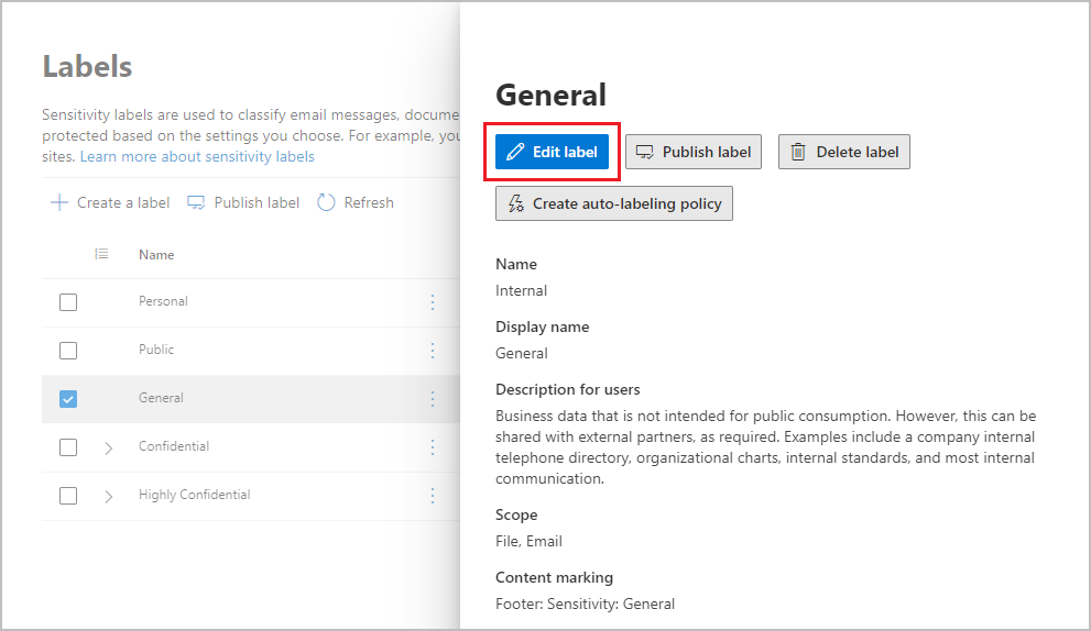 Schaltfläche „Etikett bearbeiten“ zum Bearbeiten einer Vertraulichkeitskennzeichnung.