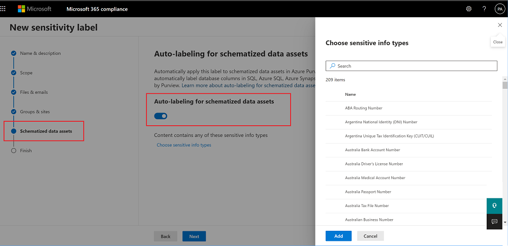 Definieren von Regeln für die automatische Bezeichnung für schematisierte Datenressourcen im Microsoft Purview Compliance Center