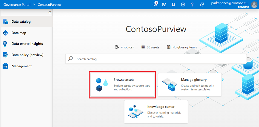 Screenshot des Katalogfensters des Microsoft Purview-Governanceportals mit hervorgehobener Schaltfläche zum Durchsuchen von Ressourcen