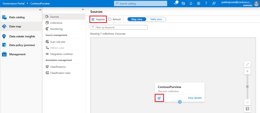 Screenshot des Data Map-Fensters des Microsoft Purview-Governanceportals mit hervorgehobener Schaltfläche 