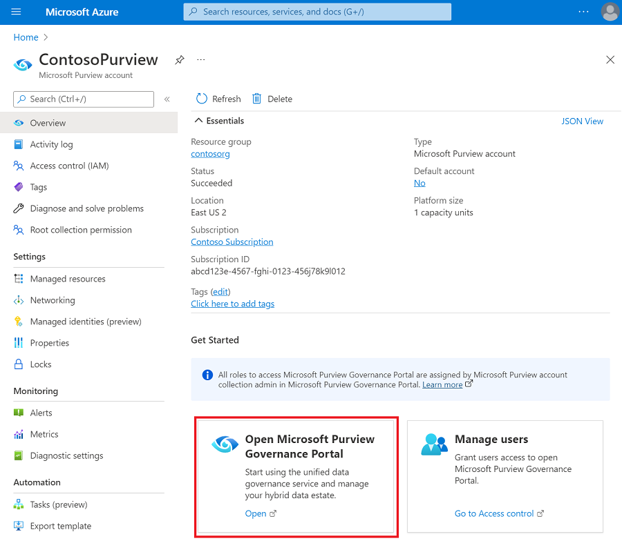 Screenshot: Im Azure-Portal geöffnetes Microsoft Purview-Konto mit hervorgehobener Schaltfläche im Microsoft Purview-Governanceportal