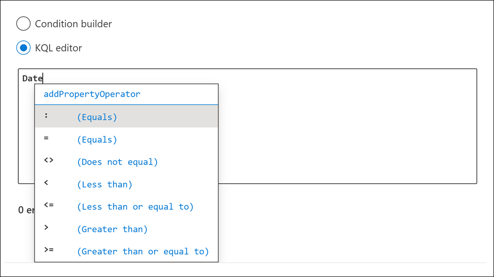 KQL-Editor schlägt Operatoren vor