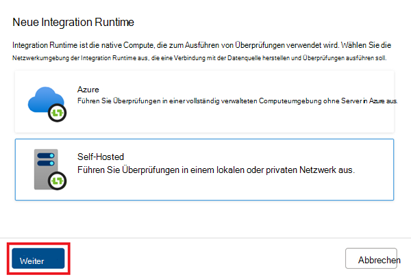 Screenshot des neuen Integration Runtime-Fensters mit ausgewählter Option 