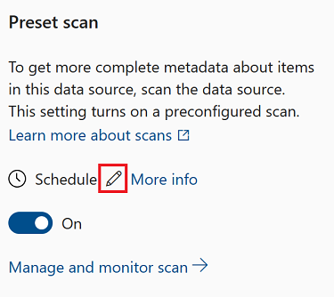 Screenshot des voreingestellten Scanmenüs mit aktiviertem Scan und hervorgehobenem Stiftsymbol neben der Zeitplanbezeichnung.