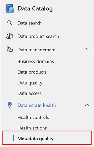 Screenshot des Datenkatalogmenüs mit geöffneter Integritätsverwaltung und ausgewählter Metadatenqualität.