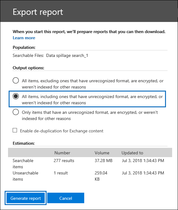 Wählen Sie die Suche aus, und wählen Sie dann auf der Flyoutseite weitere > Exportbericht aus.