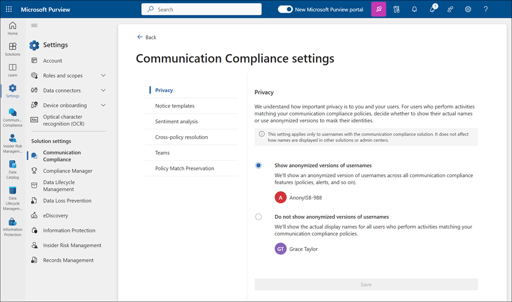 Microsoft Purview-Portal-Lösungseinstellungen.