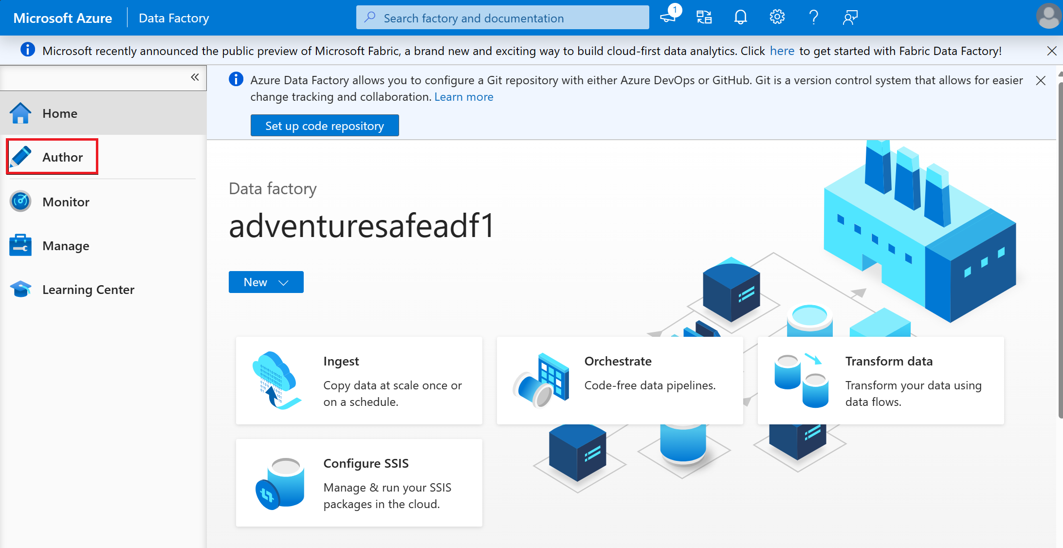 Screenshot: Auswählen des Autors im linken Navigationsmenü von Azure Data Factory.