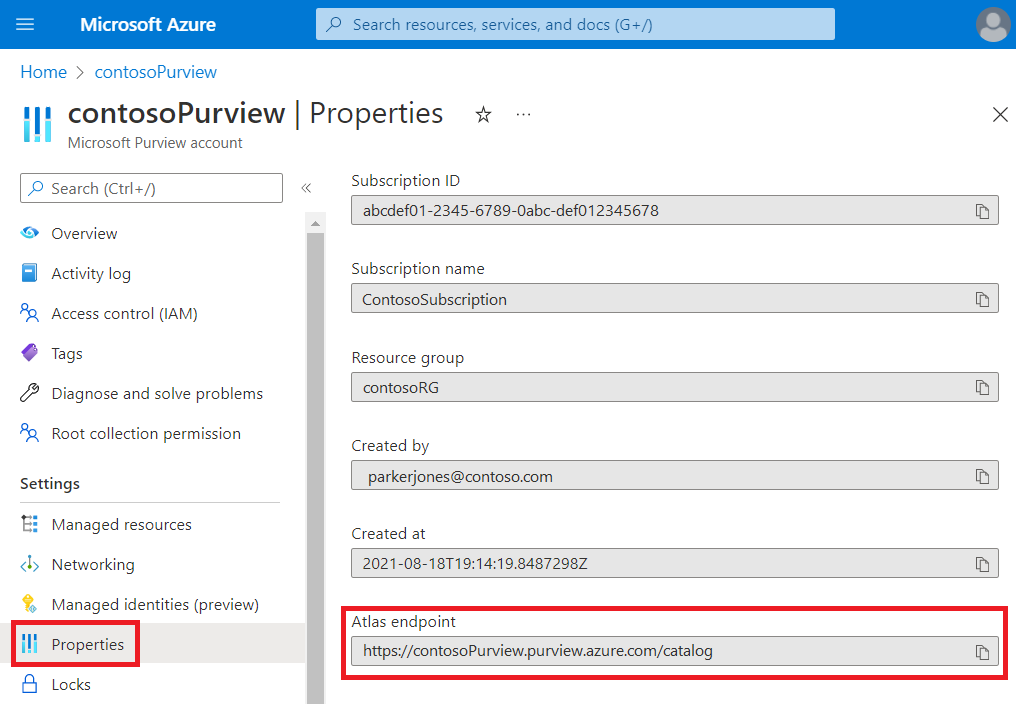 Screenshot der Eigenschaftenseite für Microsoft Purview mit hervorgehobenem Atlas-Endpunktfeld