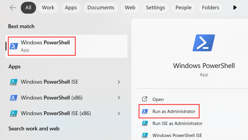 Screenshot: Öffnen von PowerShell im Administratormodus