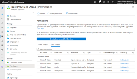 Screenshot von „Berechtigungen“ im Microsoft Entra Admin Center mit Details zu vorhandenen Anwendungsanforderungen