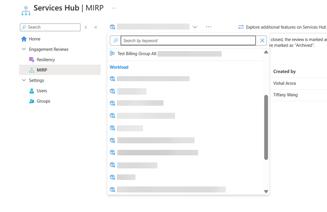 Dropdownliste und Suchoption für Kunden-Workloads.