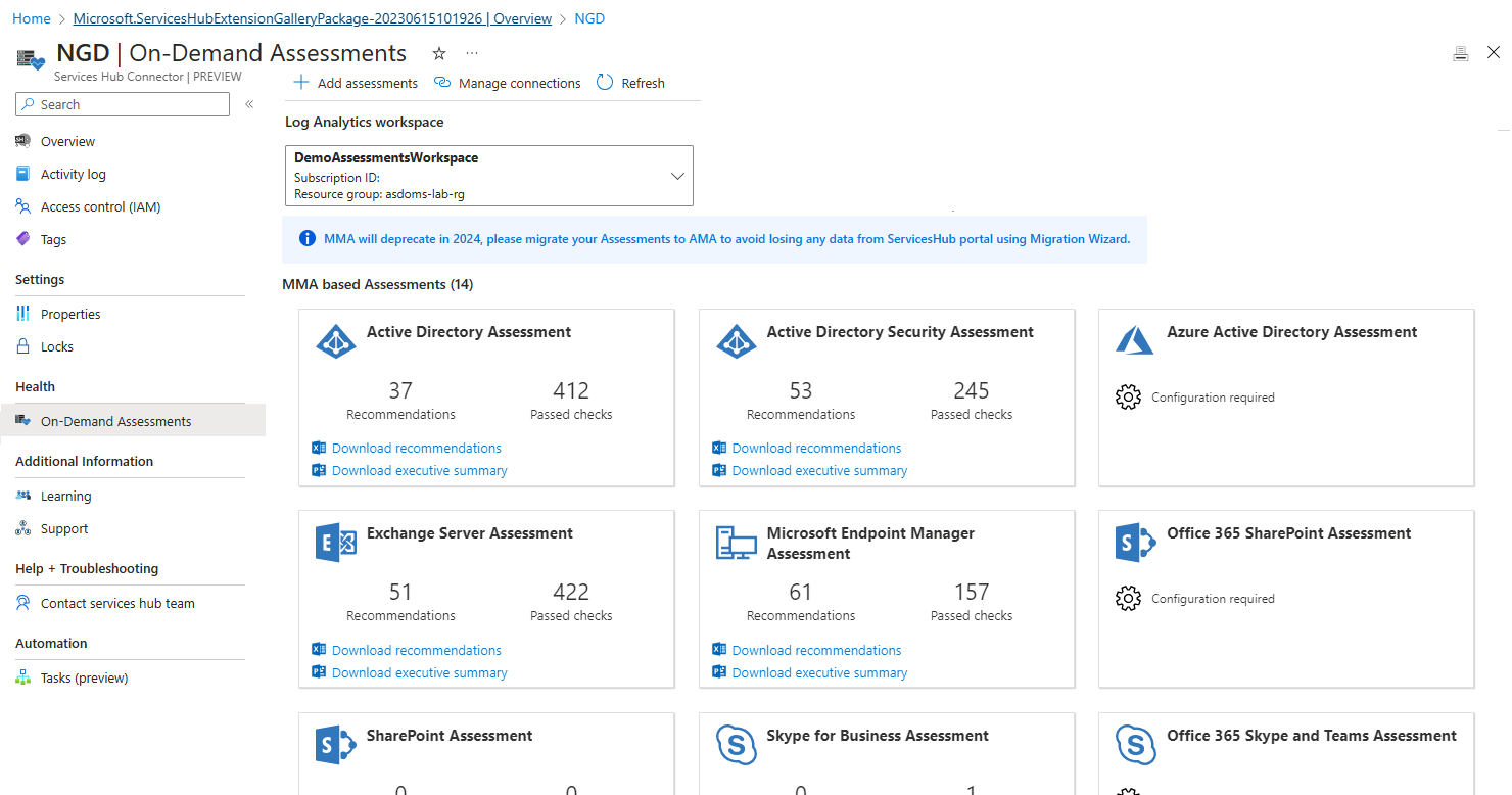 Die Seite „Übersicht“ für eine neue Services Hub Connector-Ressource.