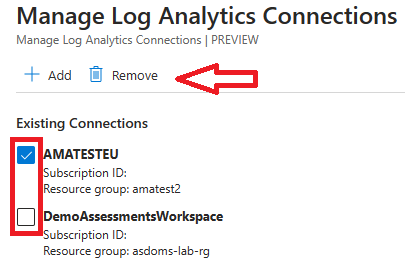 Fenster „Log Analytics-Verbindungen verwalten“, in dem das Kontrollkästchen für die vorhandene Verbindung, die entfernt werden soll, markiert und „Entfernen“ ausgewählt ist.