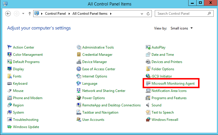 Das Fenster der Systemsteuerung, in dem der Microsoft Monitoring Agent in der Einstellungsliste hervorgehoben ist.