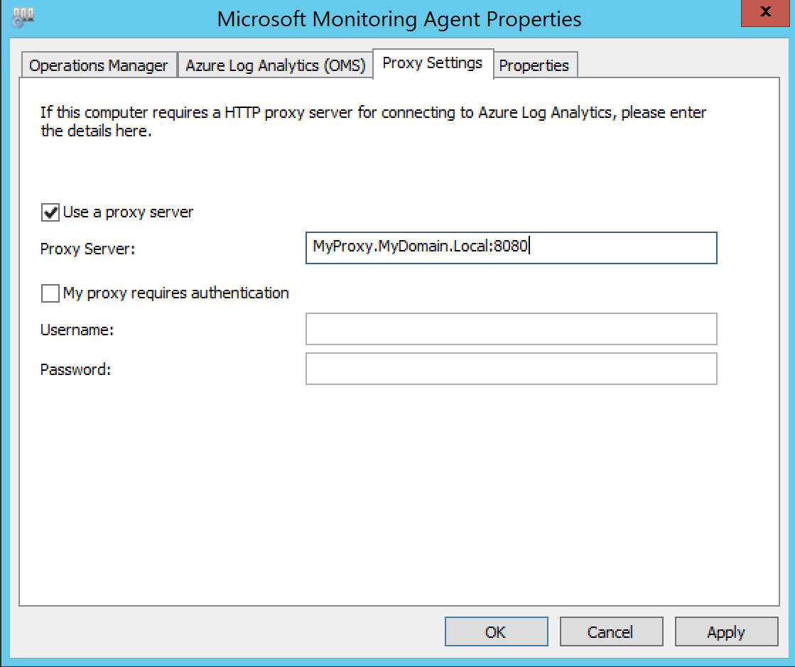 Das Fenster „Eigenschaften“ des Microsoft Monitoring Agent, das zeigt, dass die Option „Proxyserver verwenden“ aktiviert ist.