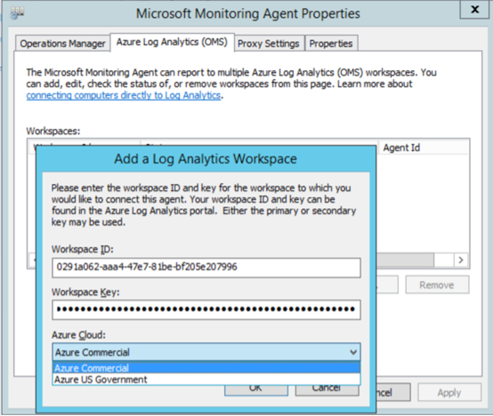 Der Bereich „Log Analytics-Arbeitsbereich hinzufügen“, der zeigt, dass aus dem Dropdownmenü „Azure Cloud“ das Element „Azure Commercial“ ausgewählt wurde.