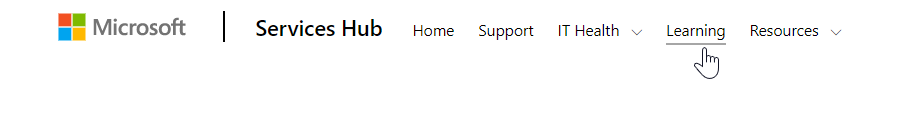 Auswählen von „Learning“ aus der primären Navigation von Services Hub