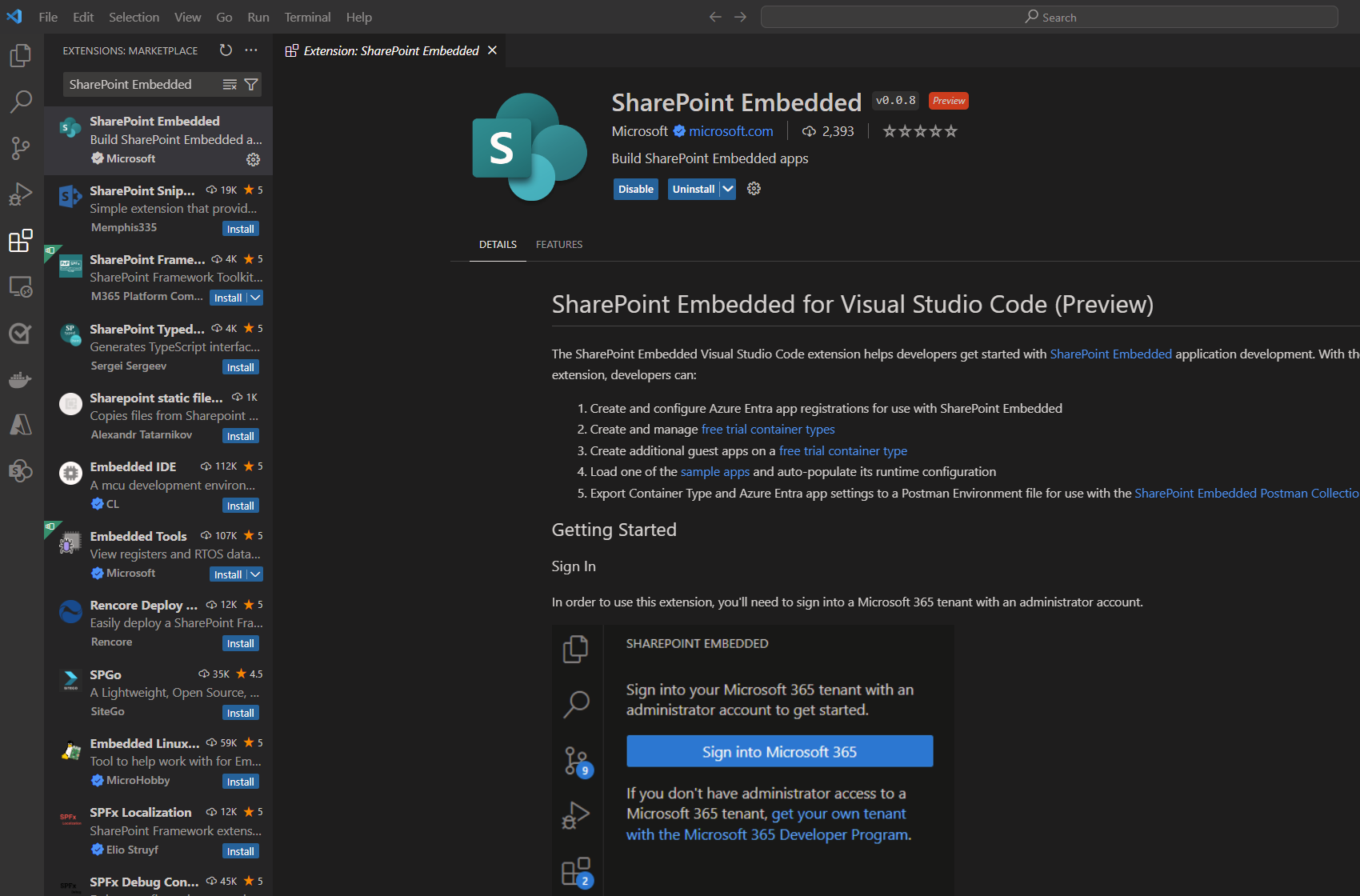 SharePoint Embedded VS-Erweiterungen