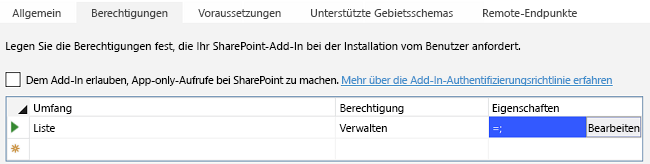 Die Liste der Berechtigungen auf der Registerkarte „Berechtigungen“ im Add-In-Manifest-Designer von Visual Studio; die Schaltfläche „Bearbeiten“ wird in der Zelle der Spalte „Eigenschaften“ angezeigt.