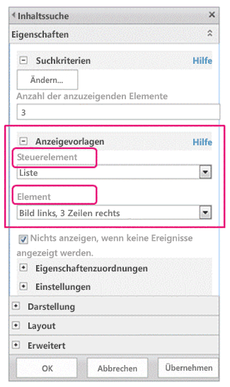 Toolbereich des Inhaltssuche-Webparts