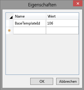 Dialogfeld „Eigenschaften“ für Listenberechtigungen in Visual Studio; der Eigenschaftsname ist auf „Base List ID“ und der Wert auf „106“ festgelegt.