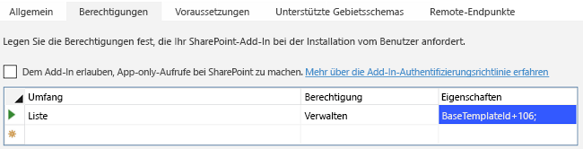 Registerkarte „Berechtigungen“ des Add-In-Manifest-Designers in Visual Studio; sie zeigt, dass das Add-In die Berechtigung „Verwalten“ für Listen mit dem Basistyp 106 fordert.