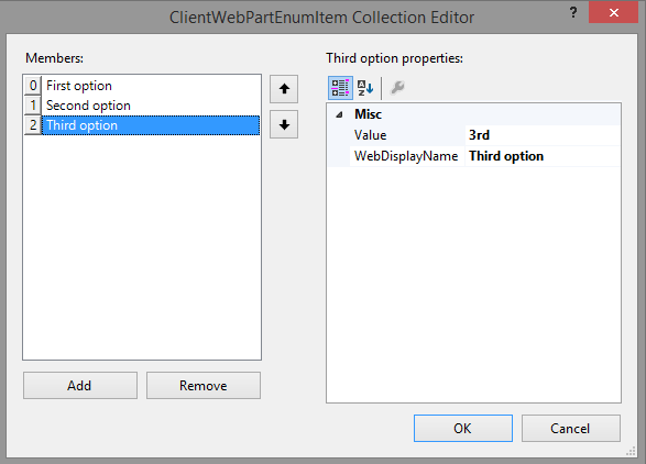 Der Elementauflistungs-Editor der Clientwebpart-Enumeration mit 3 aufgeführten Elementen und jeweils mit einem Value-Attribut und einem Web Display Name-Attribut.