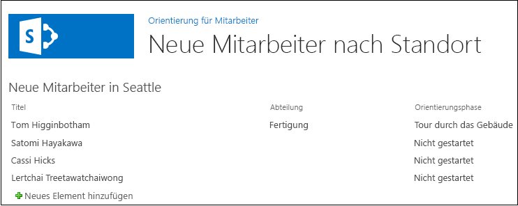 Standardseite des Add-Ins mit Anzeige der Liste „Neue Mitarbeiter in Seattle“ in einem Webpart.