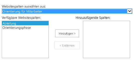 Das Steuerelement für die SharePoint-Spaltenauswahl, wobei „Orientierung für Mitarbeiter“ in der Dropdownliste mit der Bezeichnung „Websitespalten auswählen“ ausgewählt ist.