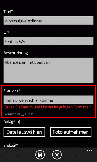 Hinweis auf Validierungsfehler in einer Windows Phone-App