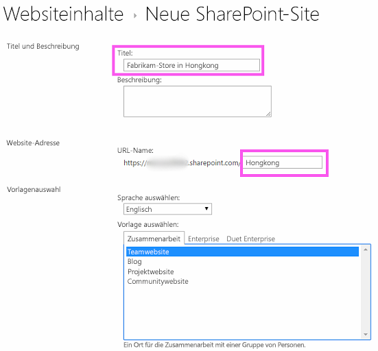 Das Formular zum Erstellen einer neuen SharePoint-Unterwebsite mit dem Text „Fabrikam Hong Kong Store“ im Textfeld „Titel“ und „hongkong“ im Textfeld „URL“.