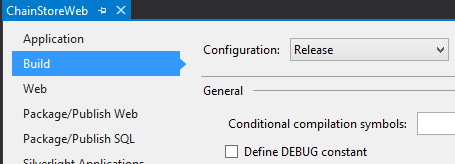 The Build sub-tab of the Properties tab. The Configuration drop down says Release. The check box for 