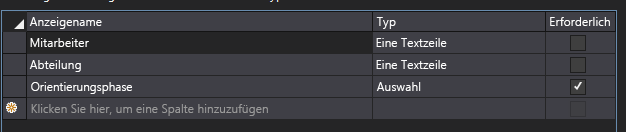 Die Registerkarte „Spalten“ des Inhaltstyp-Designers, wobei „Mitarbeiter“, „Abteilung“ und „Orientierungsphase“ im Raster aufgeführt sind.