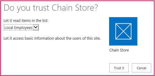 Die SharePoint-Add-In-Berechtigungsaufforderung; die Liste ?Lokale Mitarbeiter? ist in der Dropdownliste ?Darf Elemente in der Liste lesen? ausgew?hlt.