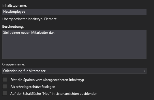 Der Inhaltstyp-Designer, in dem „NewEmployee“ als Typname, „Stellt einen neuen Mitarbeiter dar“ als Beschreibung und „Orientierung für Mitarbeiter“ als Gruppe angezeigt wird.