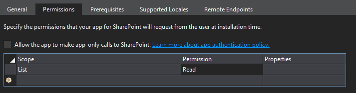 Die Registerkarte ?Berechtigungen? im Add-In-Manifest-Designer zeigt den Bereich ?Liste? und die Berechtigung ?Lesen?.
