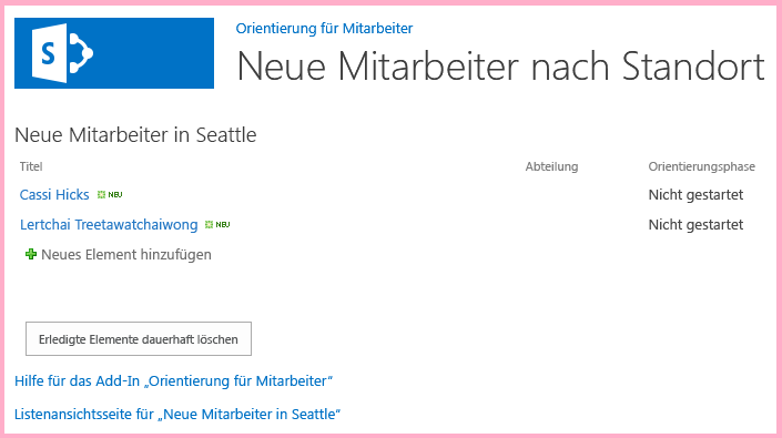 Die Liste „Neue Mitarbeiter in Seattle“ mit zwei Elementen weniger als zuvor. Für keines ist „Orientierungsphase“ auf „Abgeschlossen“ gesetzt.