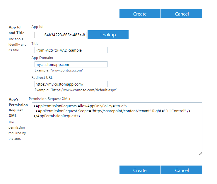 Die Seite Anwendungsbestand mit Formularfeldern zum Erteilen von Berechtigungen für die Anwendung in ACS. Die Felder sind: App-ID, eine Nachschlageschaltfläche zum Suchen nach der App nach App-ID, Informationsfelder zur Anwendung und die Berechtigungsanforderungs-XML der App, um die Berechtigungen zu definieren, die der Anwendung gewährt werden sollen.