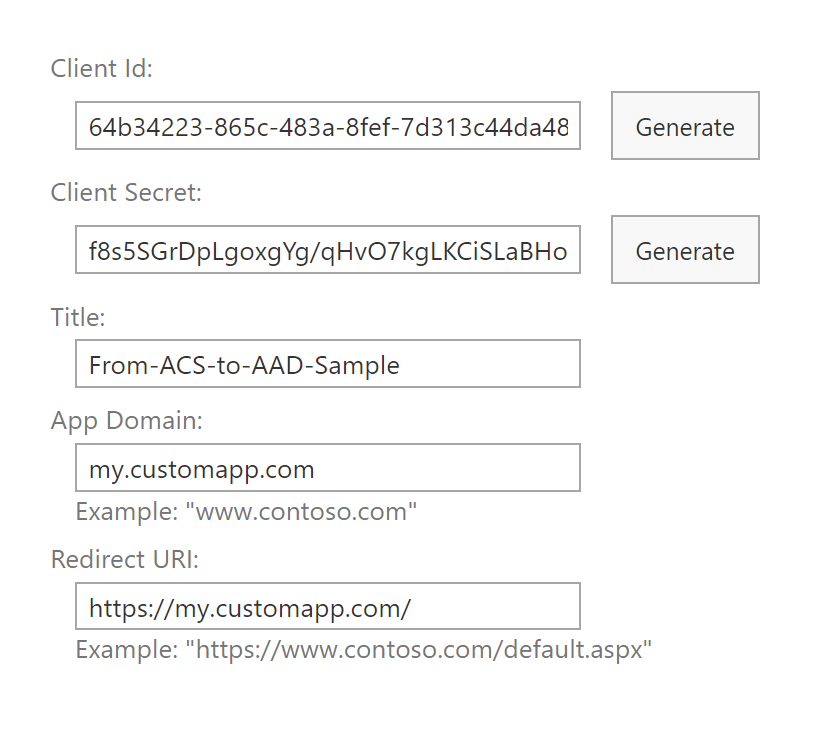 Die Seite Anwendungsregistrierung mit Formularfeldern zum Registrieren einer Anwendung in ACS. Die Felder sind: Client-ID, Geheimer Clientschlüssel, Titel, App-Domäne und Umleitungs-URI.