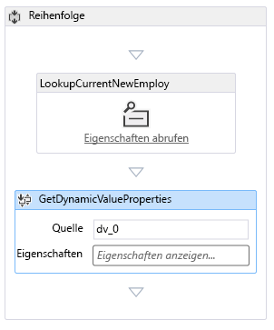 Der Workflow-Designer mit zwei Aktivitäten: „Listenelement suchen“ und „Dynamische Werte abrufen“.