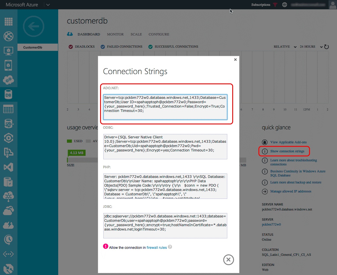 Dialogfeld für Azure SQL-Verbindungszeichenfolgen