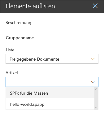 Auswählen eines Listenelements aus der Element-Dropdownliste im Webpart-Eigenschaftenbereich