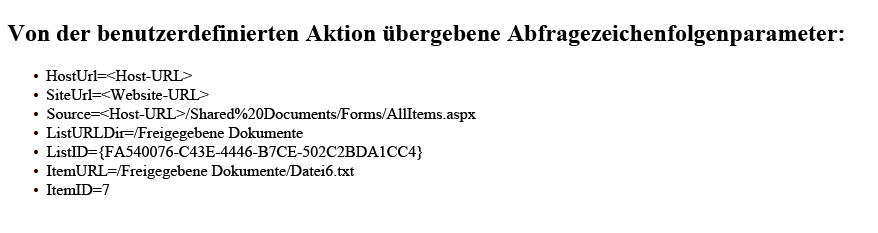 Webseite mit Parametern aus einer benutzerdefinierten Aktion